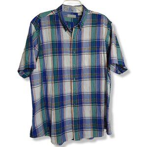 Andhurst Men's Size XL Short Sleeve Button Up Shirt Blue Green Plaid w Pocket